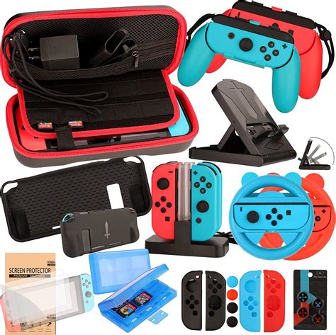 Crazy Clearance Accessories Bundle for Nintendo Switch, 26 in 1 Essential Protection Kits with Carrying Case, Screen Protector, Cards Storage Case, Hand Grips, Cover for Joycon & Charging Cable, Thumb Grip Caps