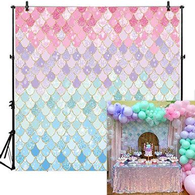 ✔ Allenjoy 8x8ft Soft Fabric Pastle Mermaid Scales Backdrop for Photography Pictures Girls Birthday Party Supplies Gold Glitter Purple Pink Blue Newborn Princess Baby Shower Decorations Props
