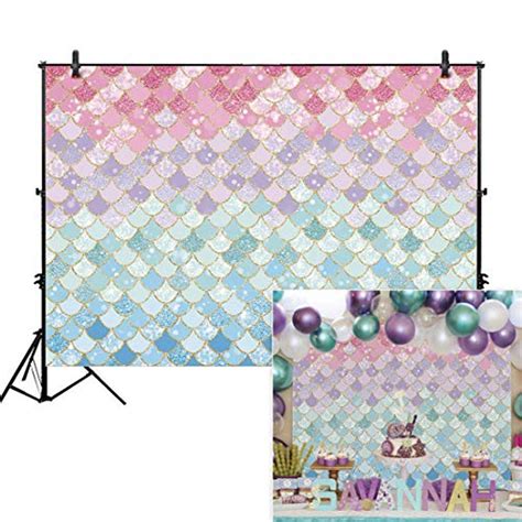 ✔ Allenjoy 8x8ft Soft Fabric Pastle Mermaid Scales Backdrop for Photography Pictures Girls Birthday Party Supplies Gold Glitter Purple Pink Blue Newborn Princess Baby Shower Decorations Props