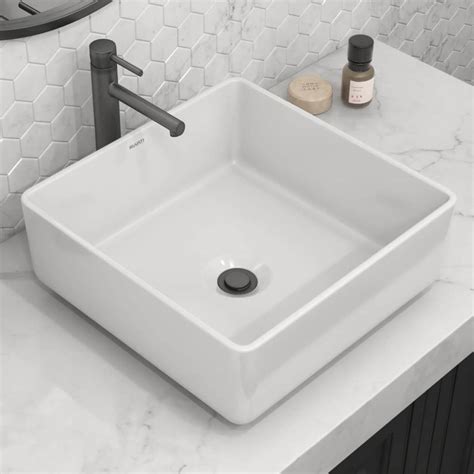 Eridanus 15 inch Square Vessel Sink, White Bathroom Sink Above Counter Ceramic Bathroom Vanity Sink Bathroom Sink Art Basin, 15 x 15 inch