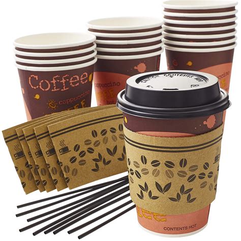 Leak-free Decorative 12 Oz Disposable Coffee Cup 50Pk Set With Sleeves, Lids, and Stirrers. Recyclable and Stylish Brown Paper Cup Bundle for Party, Office, Business or Cafe Hot Beverages and Drinks