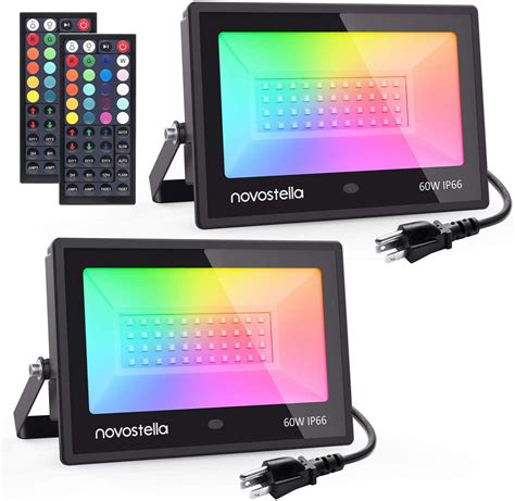Novostella 2 Pack 60W RGB LED Flood Light, 44 Keys Controller, 20 Colors 6 Modes, Dimmable Color Changing Floodlight, IP66 Waterproof, Wall Washer Lights, Outdoor Garden Stage Landscape Lighting