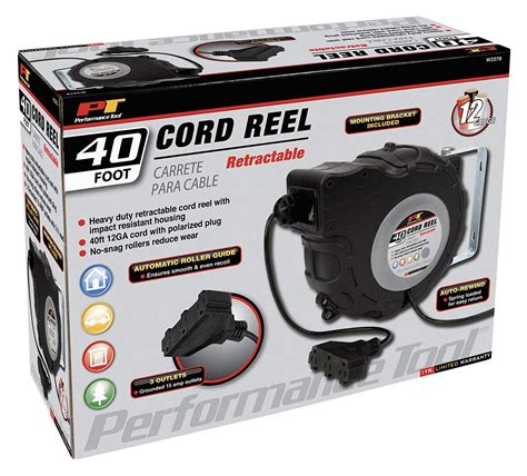 Performance Tool W2278 40ft 12-Gauge Retractable Power Cord Reel with Spring Loaded Auto-Rewind